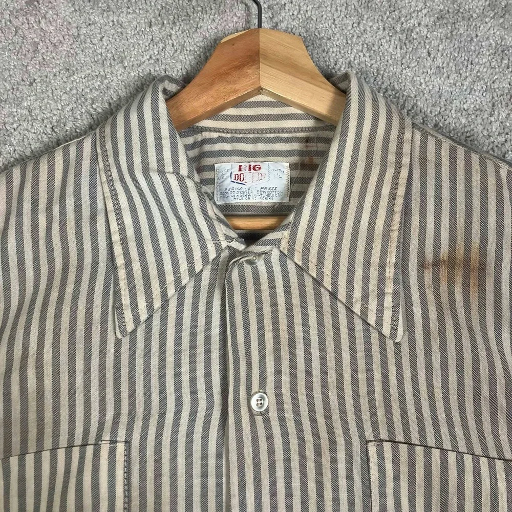 Vintage 70s Big Donlin Mens Striped Work Shirt Long Sleeve Grey Tan 16-16.5 L - Picture 2 of 16
